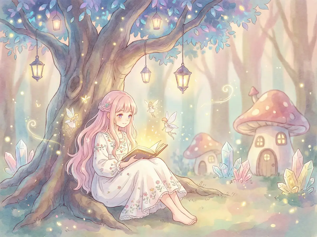 事情正在起变化 - 魔法森林中阅读故事书的粉发少女与精灵